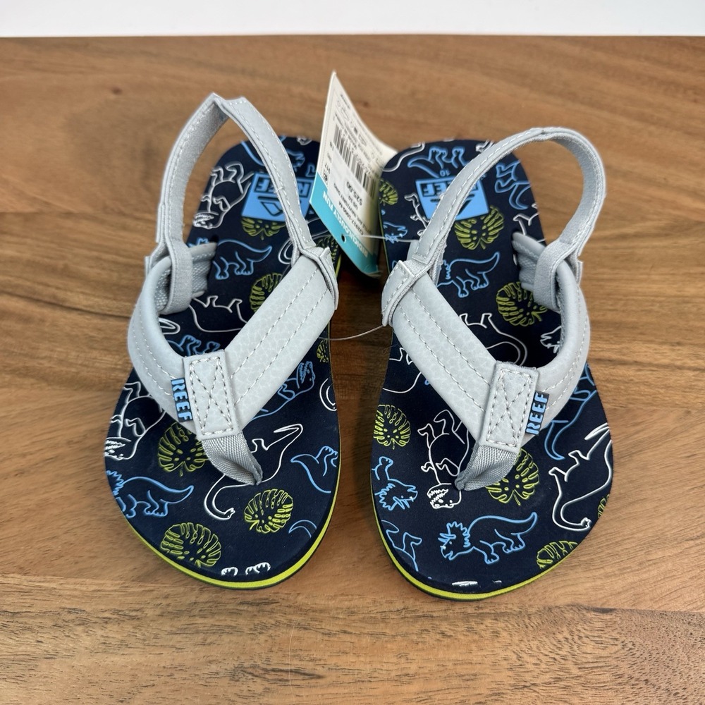 New Little‎ Kids Reef Little Ahi Slip On Water Flip Flops Blue Dinosaurs Sz 10 C